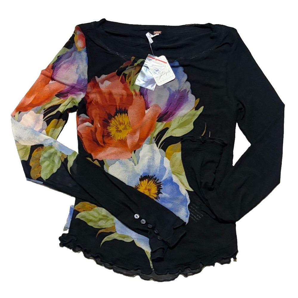 NWT Free People Womens L Lilly Printed Long Sleeve Top Black Floral Boho Sheer - Picture 3 of 6